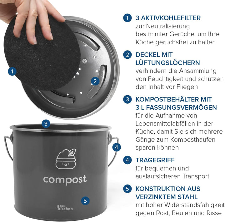 joeji's Kitchen 3,5L gross Biomülleimer für die Küche - Metall Kompost Küchenkomposteimer mit Deckel