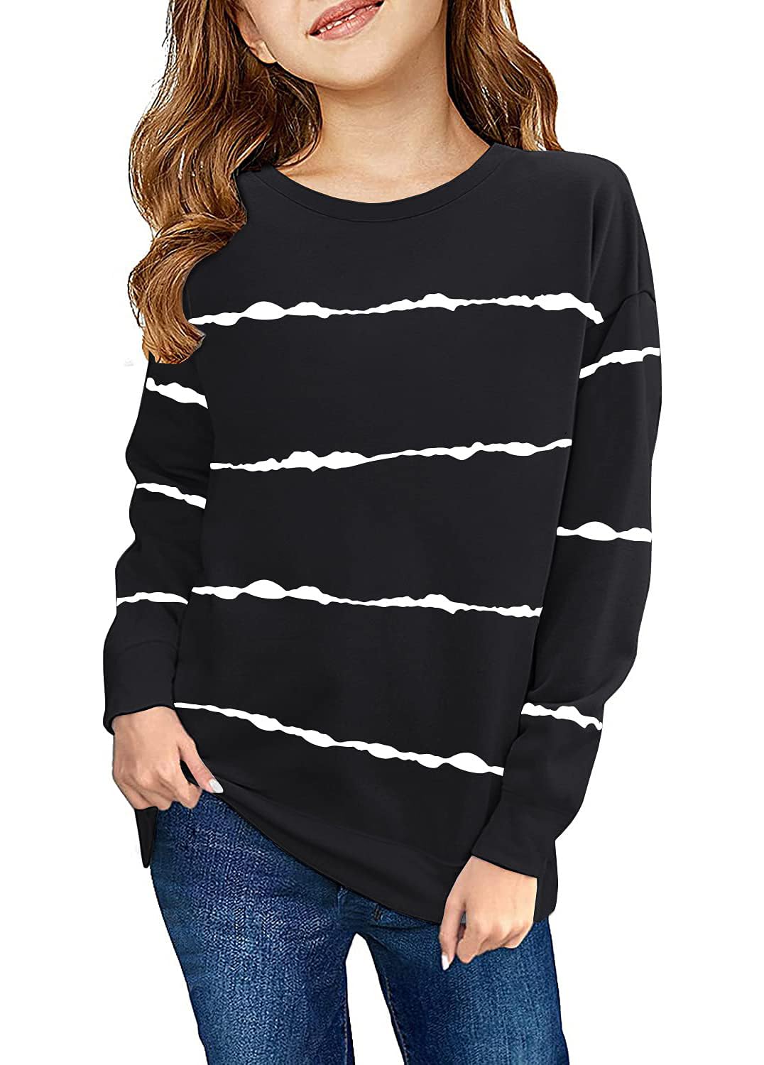 Haloumoning Sweatshirt Mädchen Streifen Rundhalsausschnitt Kinder Pullover Casual Langarm Tops 4-6 J