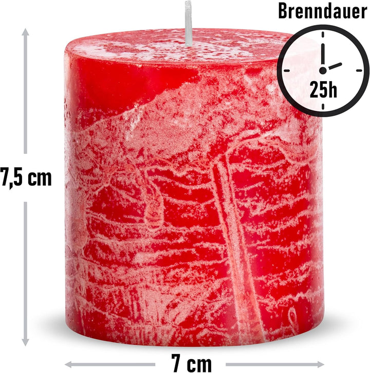 Brandsseller 4er Set Stumpenkerzen 7x7,5 cm – durchgefärbt & aus Paraffin – rustikale Kerzen mit lan
