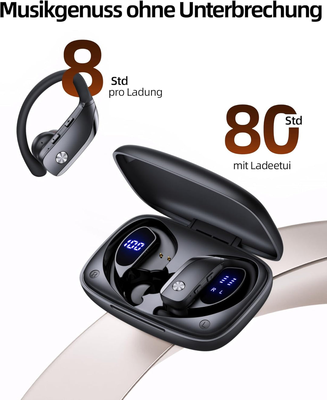 Bluetooth Kopfhörer Sport, In Ear Kabellose Earbuds mit 80h Wiedergabe, Dual LED-Anzeige, Über Ohr-H