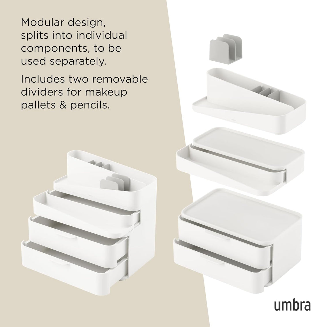 Umbra Glam Kosmetik Organizer, Modulare Aufbewahrungsbox mit 3 Schubladen und entnehmbaren Trennwänd