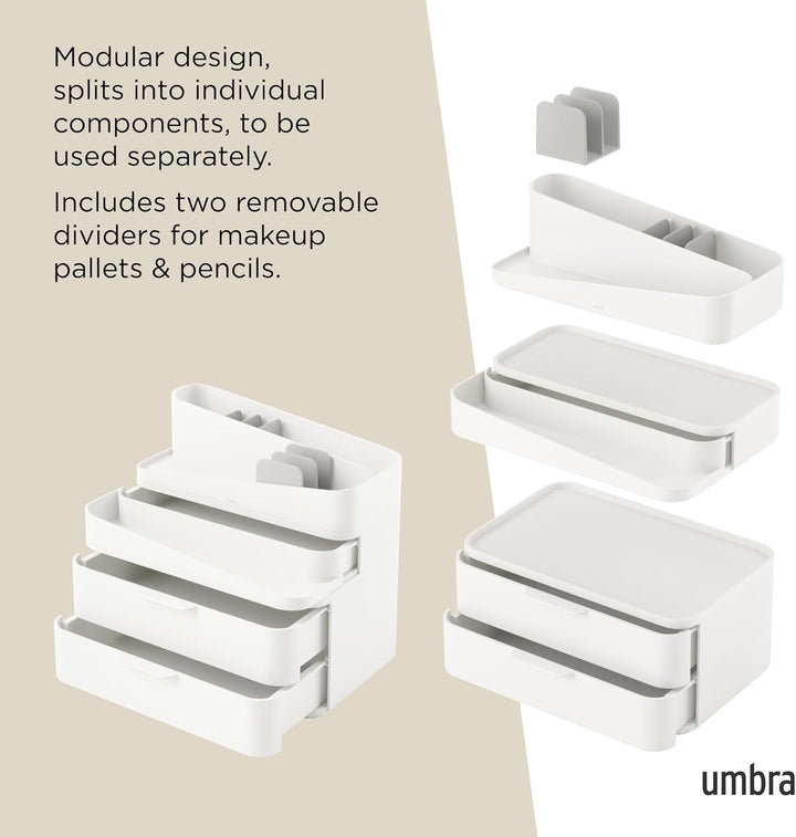 Umbra Glam Kosmetik Organizer, Modulare Aufbewahrungsbox mit 3 Schubladen und entnehmbaren Trennwänd