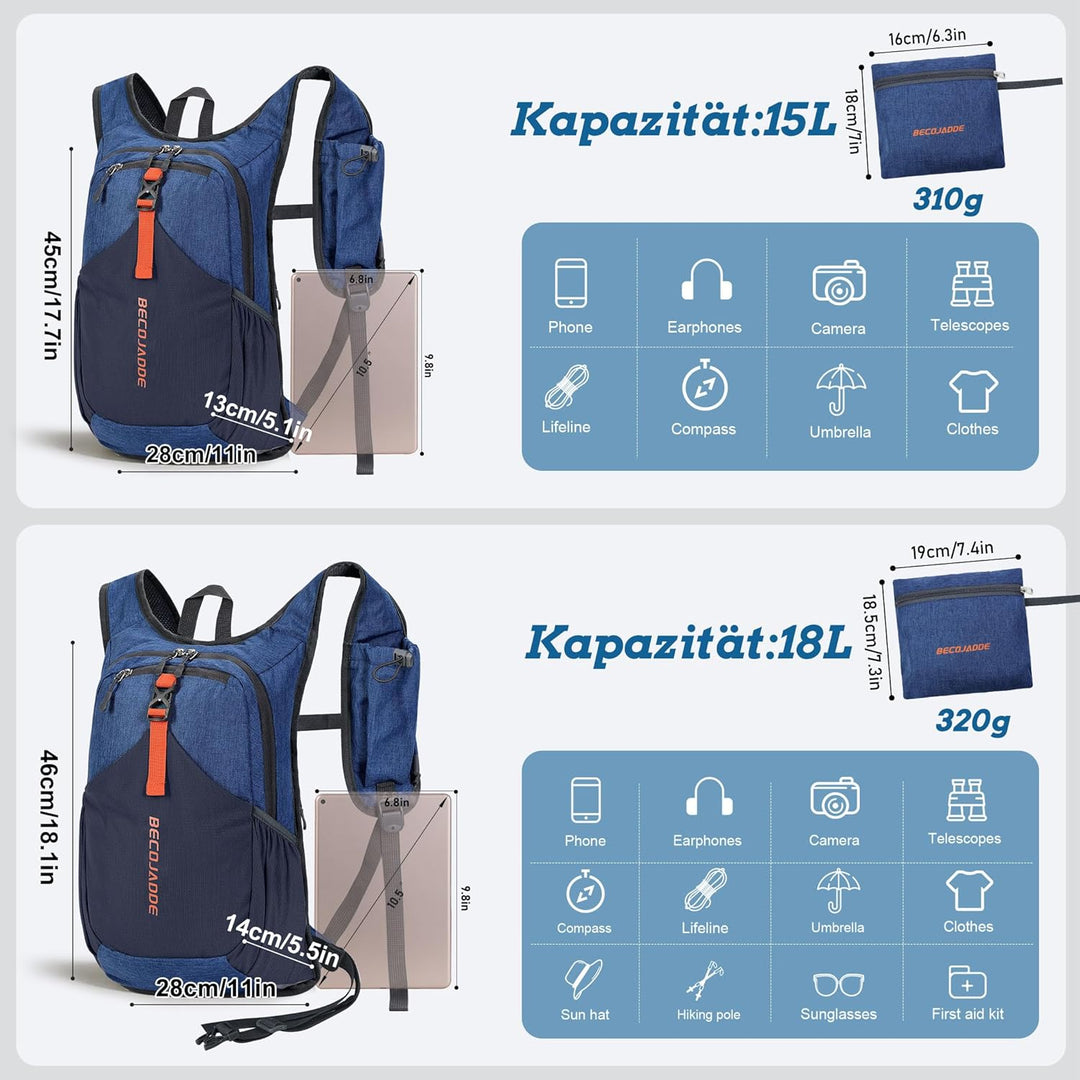 18L Wanderrucksack Herren Kleiner Rucksack Damen Leichter Daypack Tagesrucksack Faltbarer Trekkingru