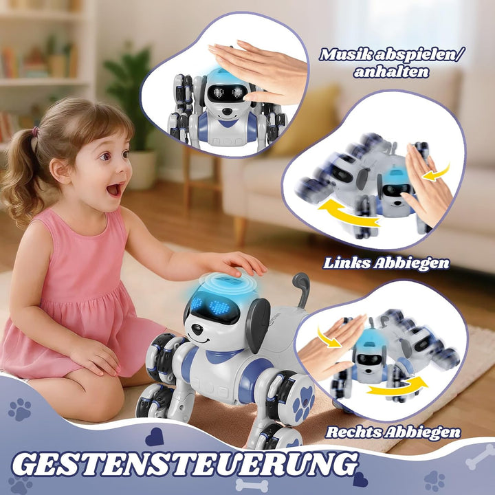 JONRRYIN Roboter Hund Kinder, Ferngesteuertes Roboterhund Spielzeug, 8WD RC Stunt und Handsteuerung,