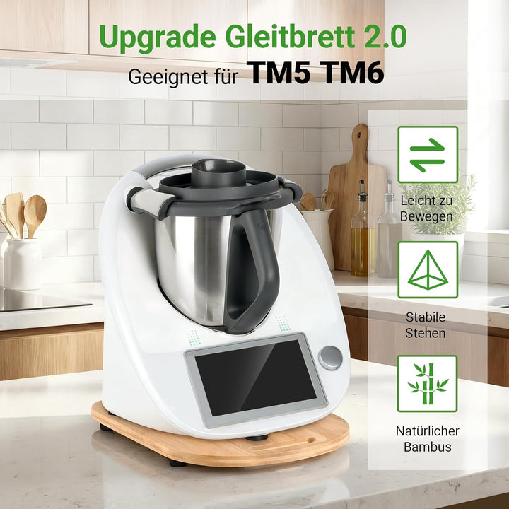 CHEPULA Gleitbrett für Thermomix TM6 / TM5, Premium Bambus Brett für Thermomix mit Rollen, Schnelles