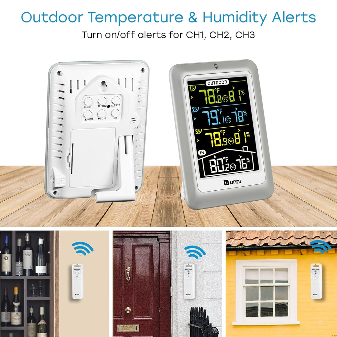 U UNNI Funk Wetterstation mit 3 Aussensensoren, 4.5 Zoll Display Temperatur Feuchte Monitor mit 330