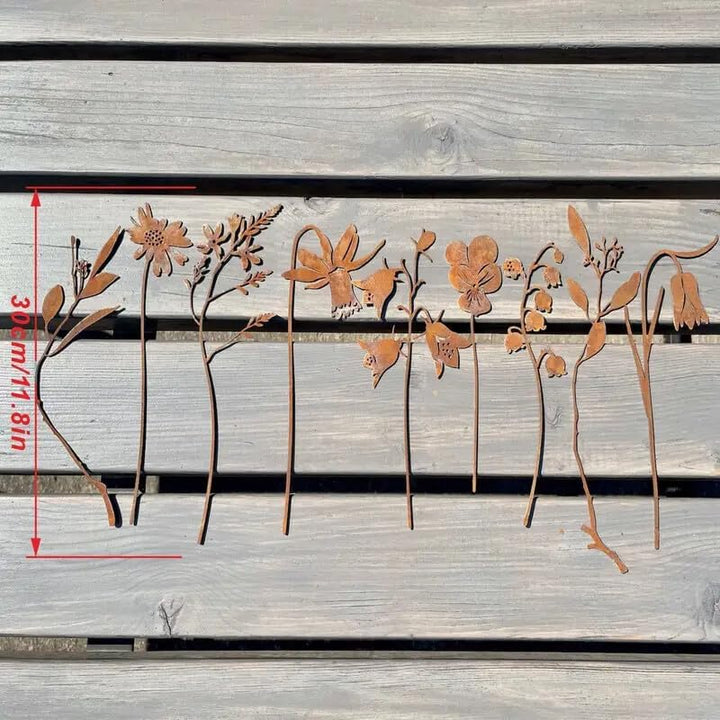 10er Set Gartenstecker Metall Blumen und Blätter Rost Gartendeko rostige Dekoration Edelrost Beetste