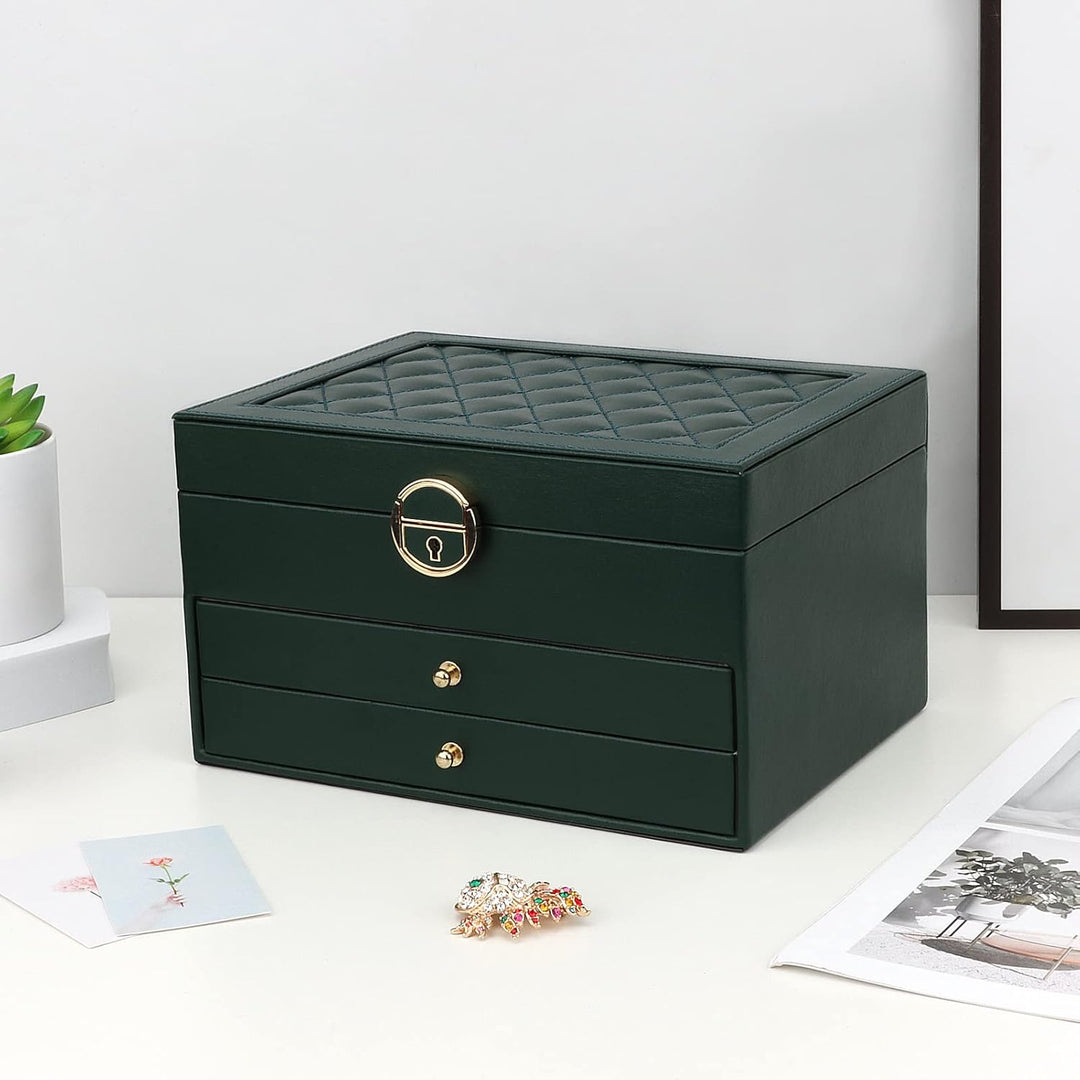 Schmuckkasten, Schmuckkästchen mit 3 Ebenen mit Schubladen, PU-Leder Schmuckbox Schmuckschatulle Gro