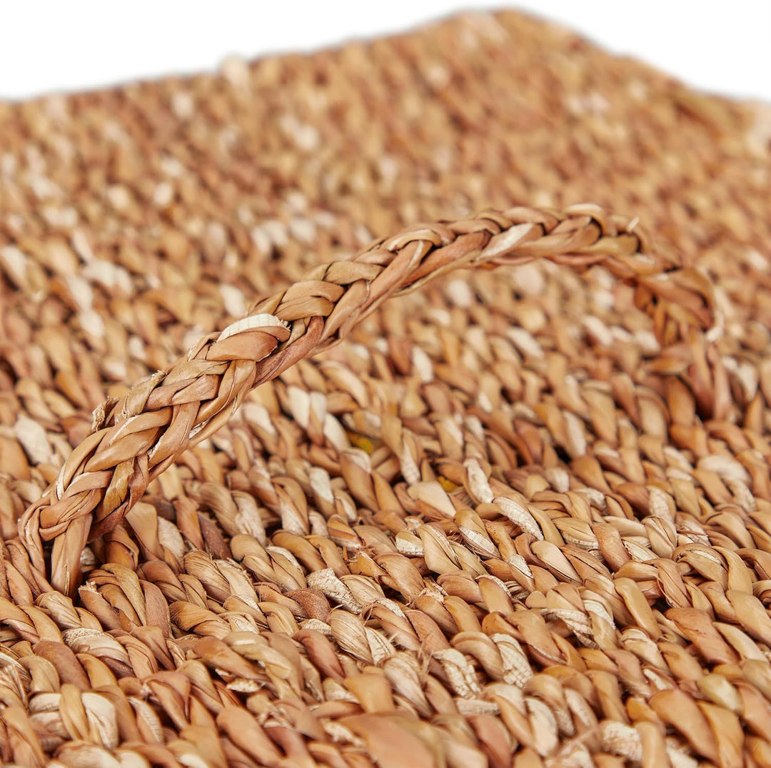 Relaxdays Wäschekorb mit Deckel, aus Seegras, Baumwoll-Wäschesack 87L, HxBxT: 50x50x40 cm, Wäschebeh