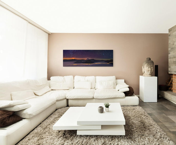 Sinus Art Wandbild 150x50cm Landschaftsfotografie – Sterne und Berge auf Leinwand für Wohnzimmer, Bü