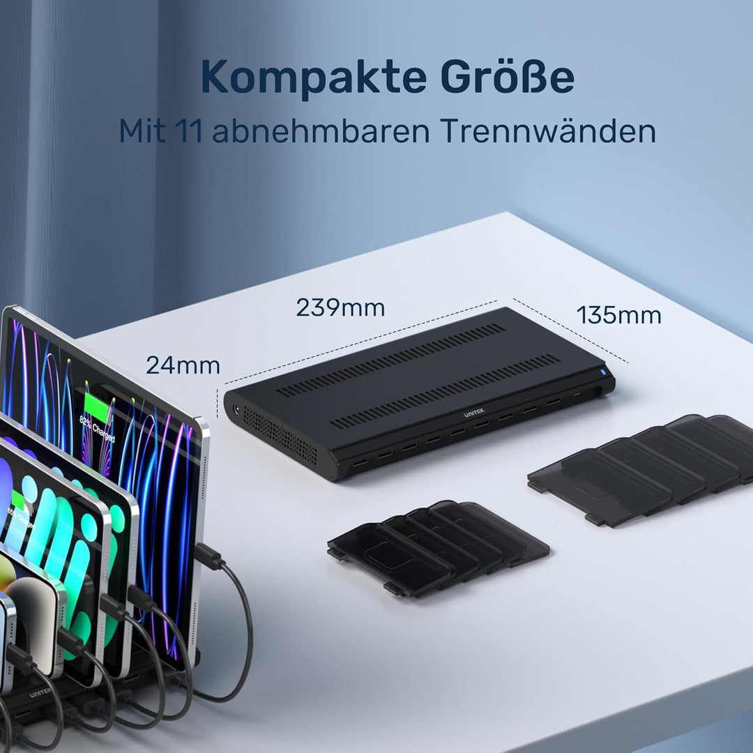 Unitek 120W 10 Port USB Ladestation mit Typ C und QC3.0, Multi Ladestation für mehrere Geräte mit Sm