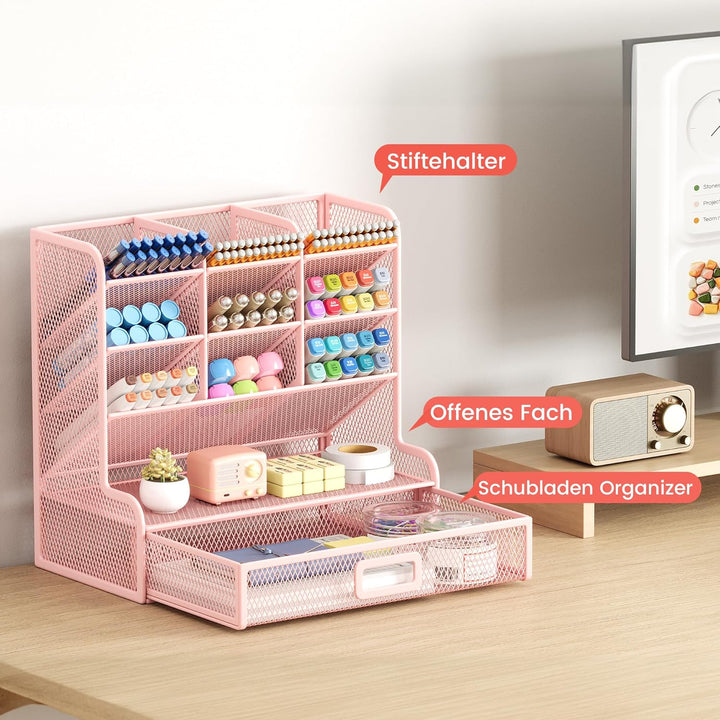 VITVITI Schreibtisch Organizer, 9 Fächer Stiftehalter mit Schublade, Netz Stifte Regal aus Metall, S