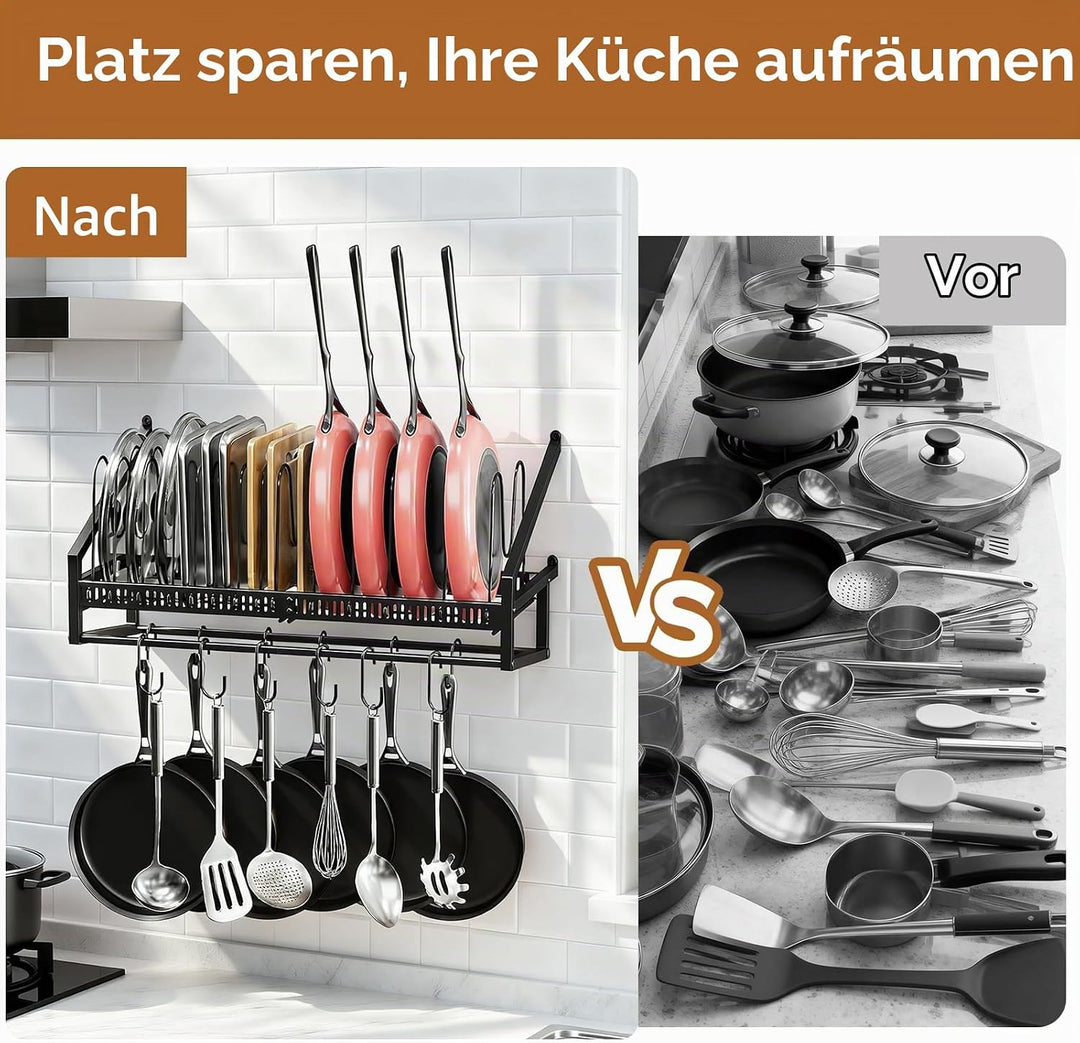 Housolution Pfannenhalter Wand, 63cm Robuster Topfdeckel Organizer Topfdeckelhalter mit 14 Verstellb