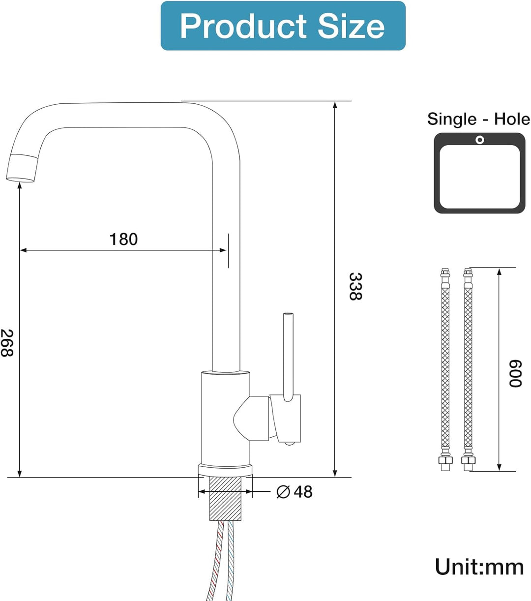 Wasserhahn Küche Edelstahl, Rainysprit Küchenarmatur Mischbatterie Küche, 360° Drehung Armatur Küche