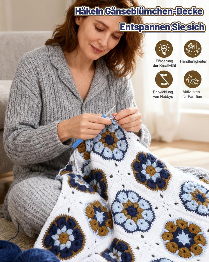 Coopay Granny Square Häkelset für Anfänger Profis, Komplettes Häkelset für Decke Häkeln, Häkel Set m