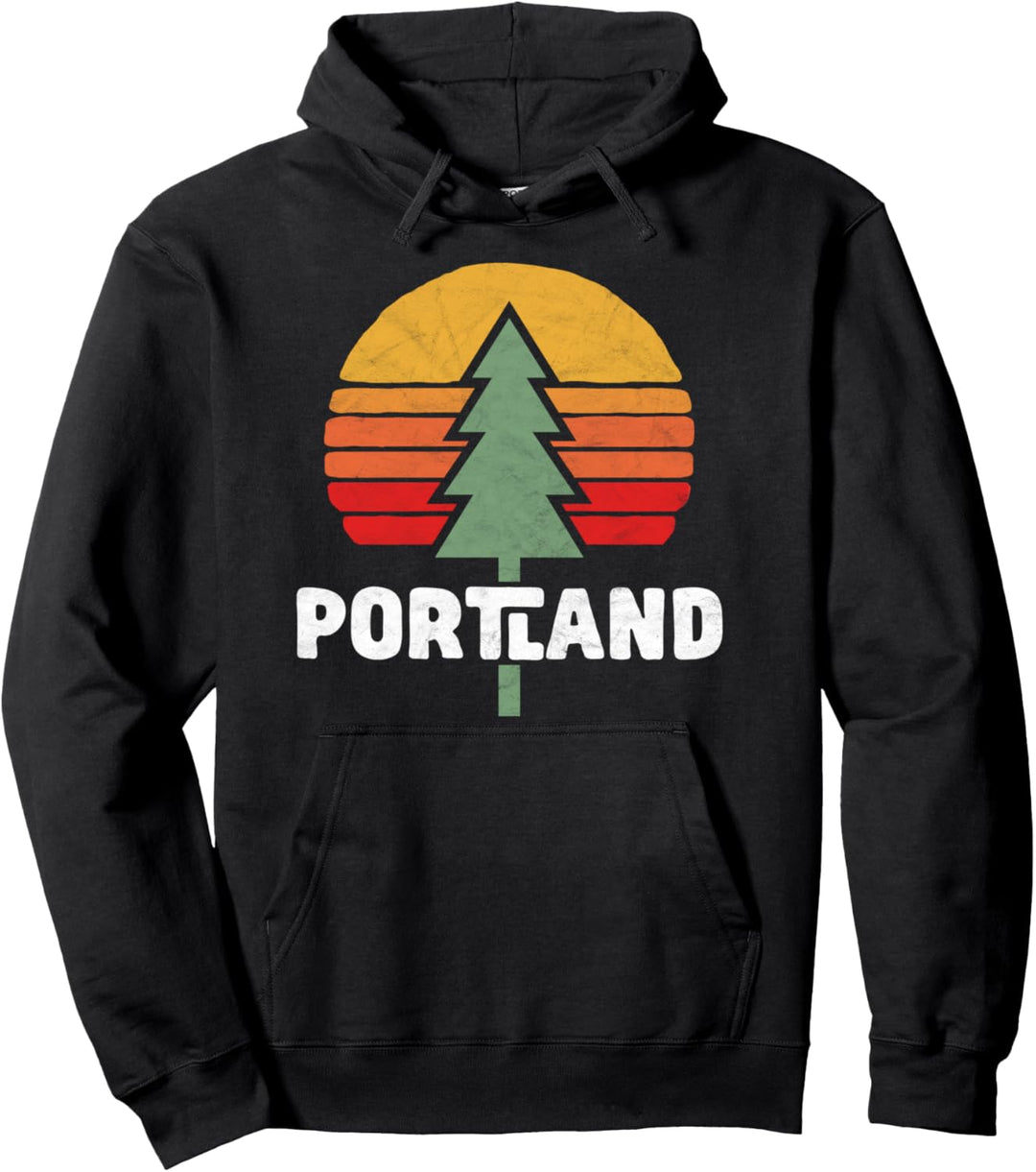 Retro Portland Oregon Pine Tree Sun Nature Pullover Hoodie