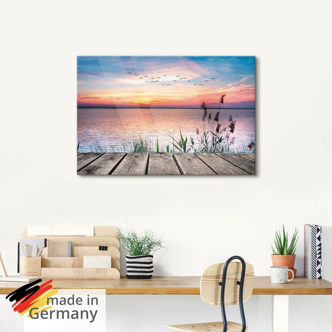 Glasbilder Wandbild Glas Bild einteilig 50x50 cm Quadratisch Natur Steg Landschaft See Himmel Sonnen