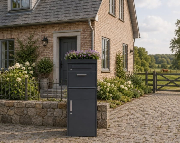 Paketbox mit Zeitungsfach abschliessbar | moderner Standbriefkasten Metall | Postkasten pulverbeschi