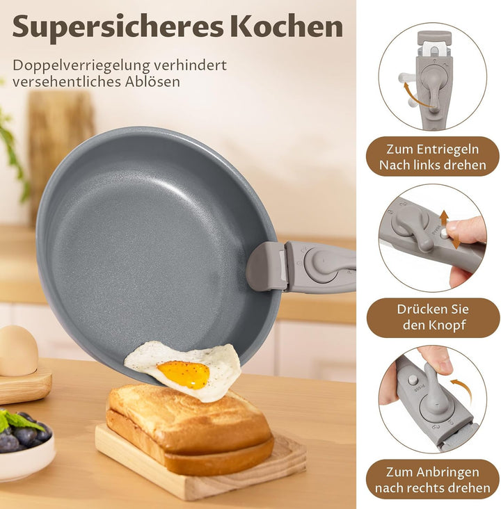 BEZIA 17-Teilig Topfset mit Abnehmbarer Griff, Pfannenset mit Keramik Antihaft Beschichtet, Induktio
