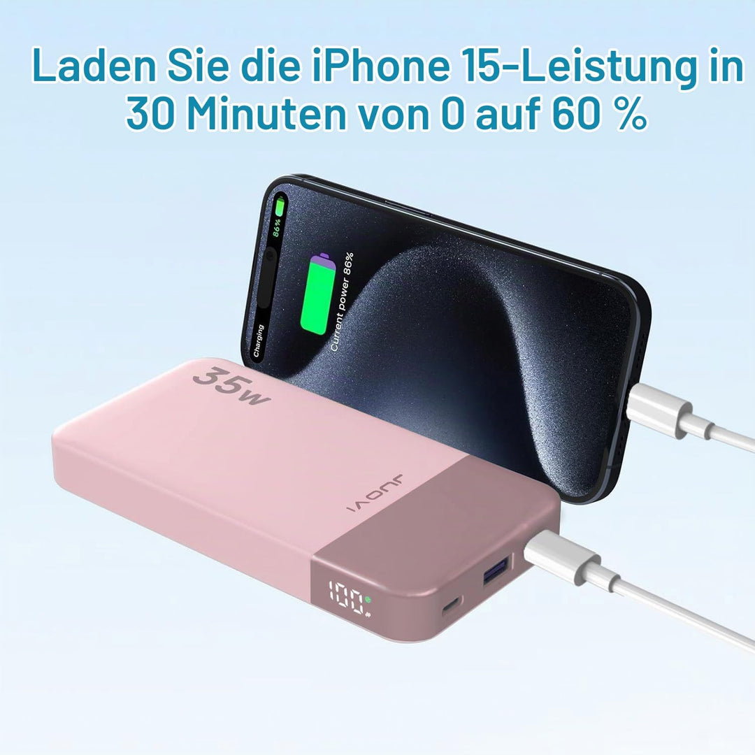 JUOVI Power Bank 10000mAh, 35W Powerbank Schnellaufladung mit 3 Ausgängen und 2 Eingängen, PD3.0 QC