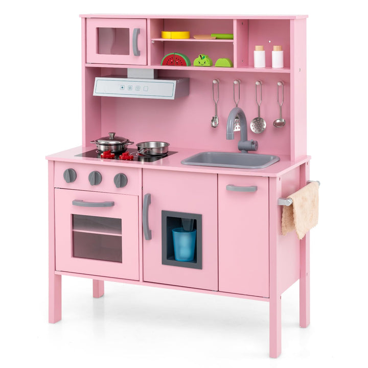 COSTWAY Kinderküche Spielküche inkl. 18 Zubehör, Kinder Küche Holz mit Spüle Mikrowelle Eismaschine