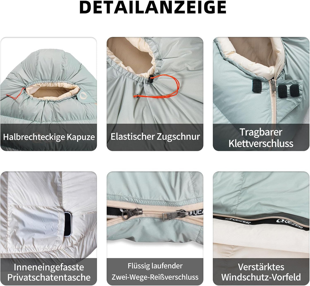 Daunenschlafsack, Winterschlafsack mit antistatischem Graphenfutter, 620FP Bauschkraft, 1450 Gramm,