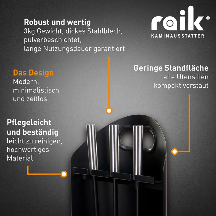raik Kaminbesteck Ludwig 4-teilig mit Schürhaken Kaminschaufel Kaminbesen und Besteckhalter aus Stah