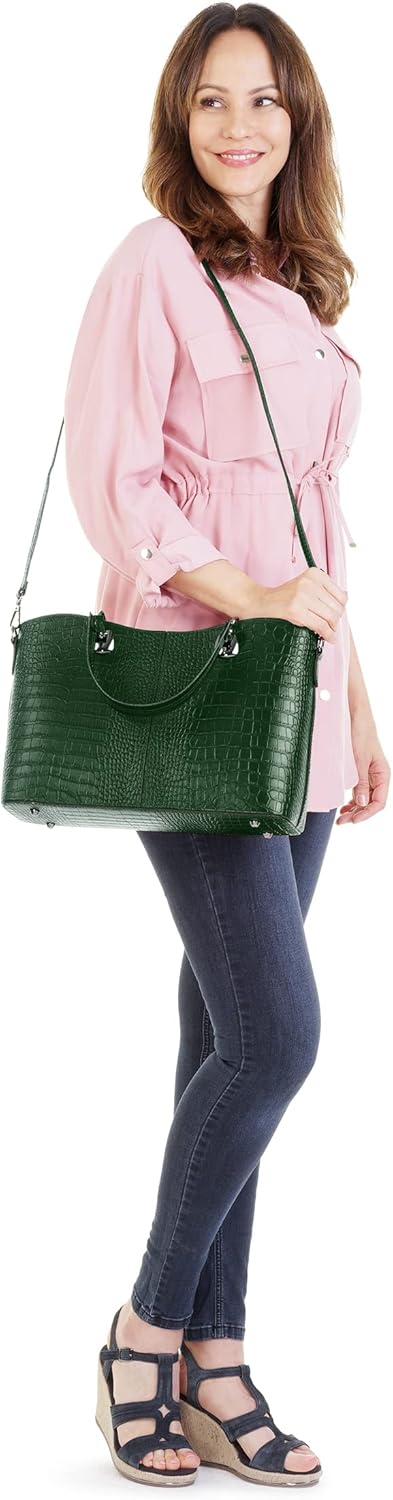 Handtasche Echt Leder Damen Made in Italy, Smartphonefach, Damenhandtasche im Kroko-Design, Umhänget