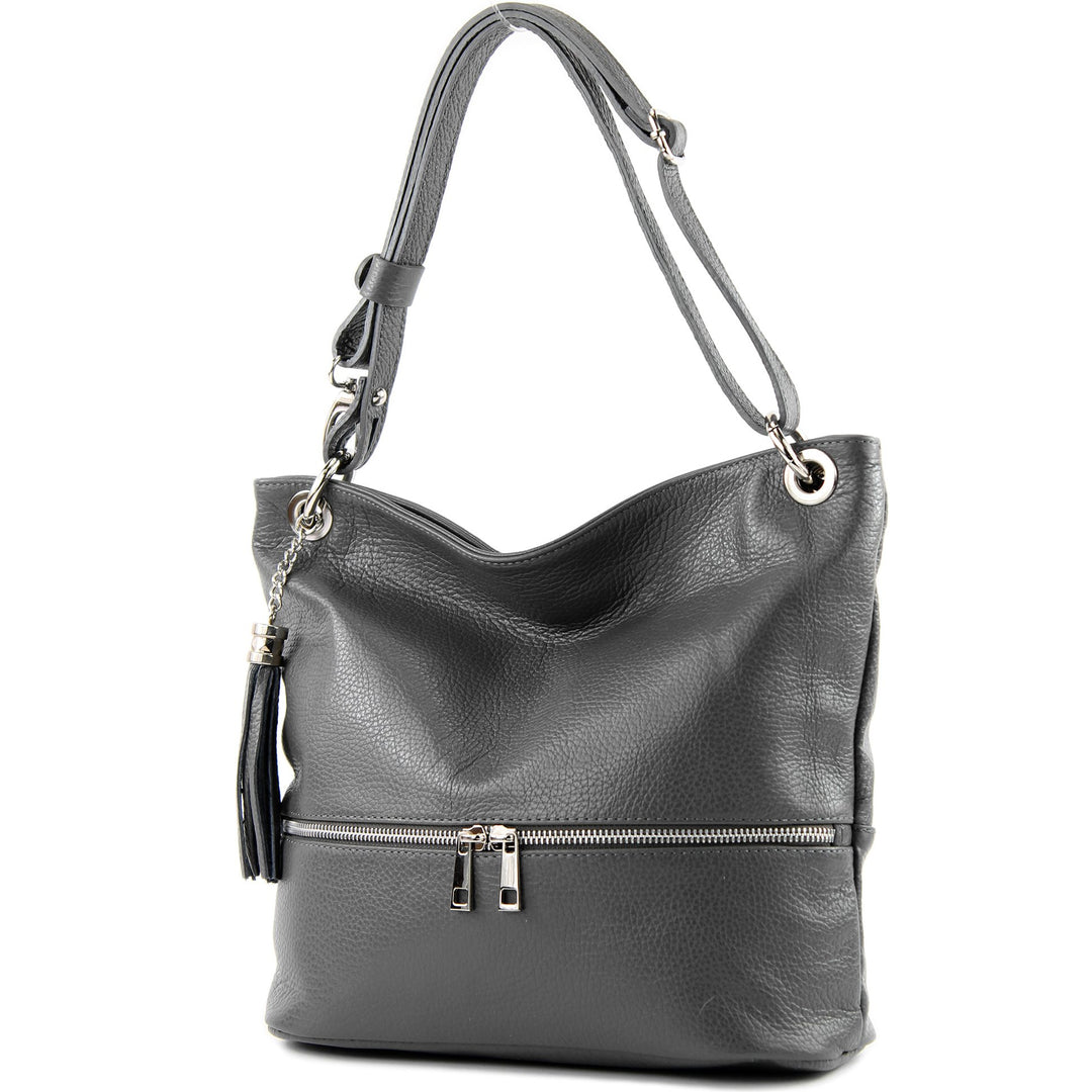 modamoda de - T143 - ital. Leder Schultertasche Umhängetasche Dunkelgrau2021, Dunkelgrau2021