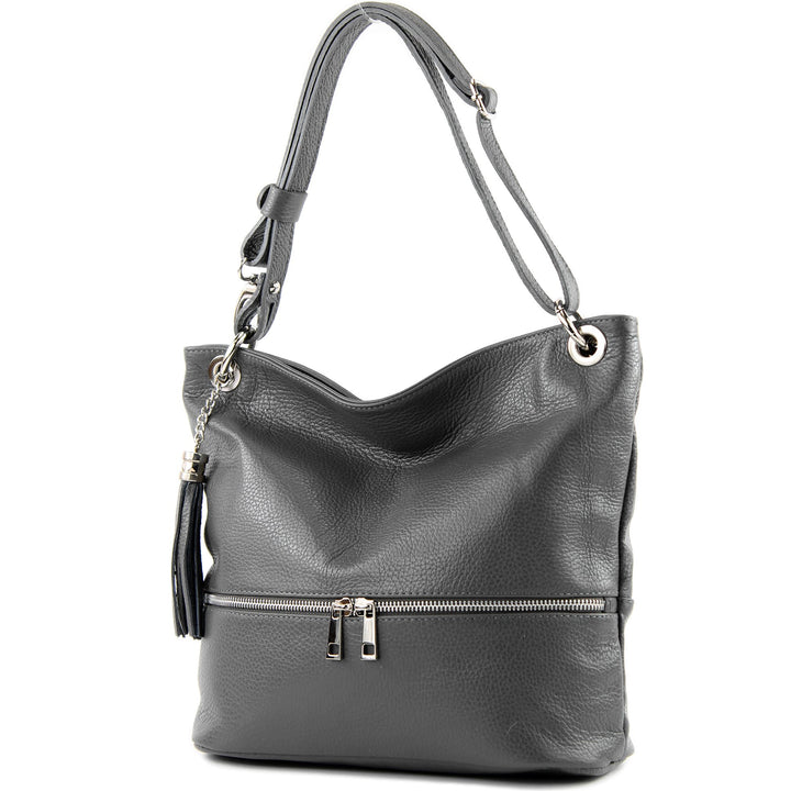 modamoda de - T143 - ital. Leder Schultertasche Umhängetasche Dunkelgrau2021, Dunkelgrau2021