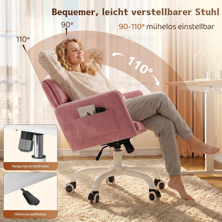 Schreibtischstuhl, Schminktisch Stuhl mit Samtbezug, Neigbarer & Höhenverstellbarer Bürostuhl, bis 1