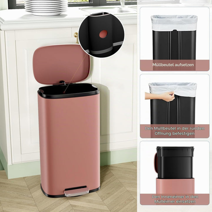 Clevich Mülleimer 50L aus Stahl, Abfalleimer, Tretmülleimer mit Soft-Close Deckel, Fusspeda, abnehmb