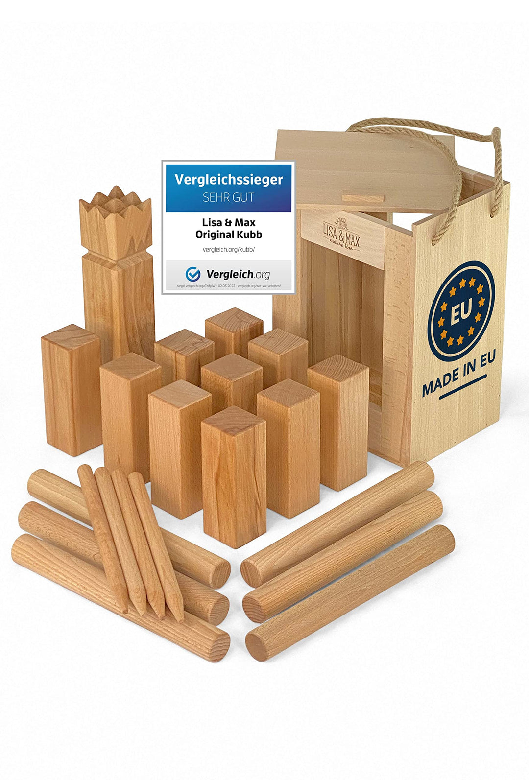Wikinger Kubb Spiel Test SEHR GUT aus robustem Premium FSC Buchen Holz - Schweden Schach Made in EU