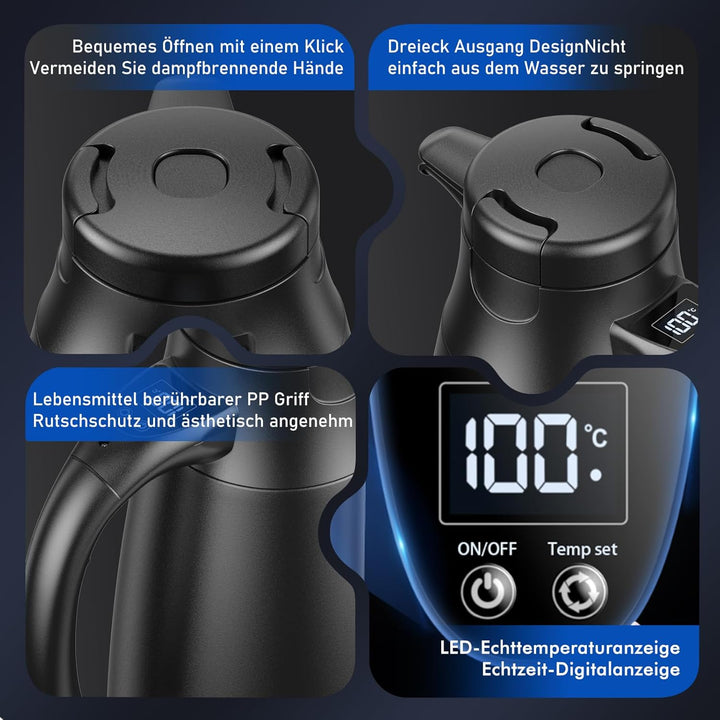 12v - 24v Wasserkocher für Auto, 1,2 Liter Elektrischer Mobiler Wasserkocher Edelstahl mit 12/24 Vol