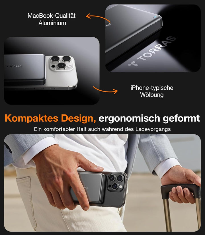TORRAS MiniMag Qi2 Powerbank für MagSafe, 10000mAh Qi2-Zertifiziert Magnetische Power Bank mit 30W U
