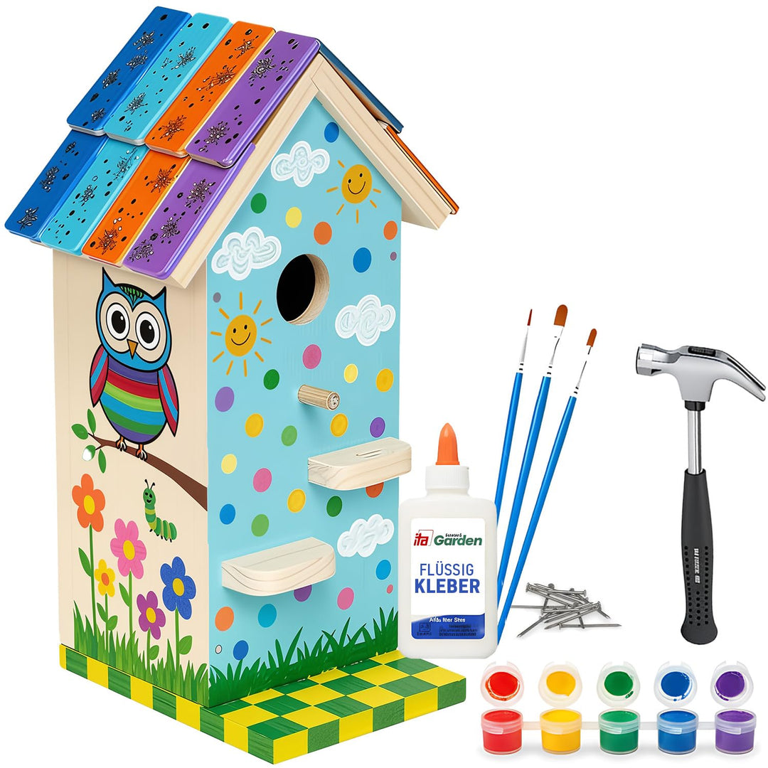 ITA DIY Nistkasten zum Zusammenbauen und Bemalen Skyhaven - Vogelhaus Komplett Bausatz mit Hammer, N