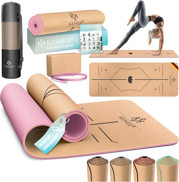 KESSER® Yogamatte Kork Inkl. Tragegurt Tasche & Yoga-Block Gymnastikmatte Yoga Matte rutschfest aus