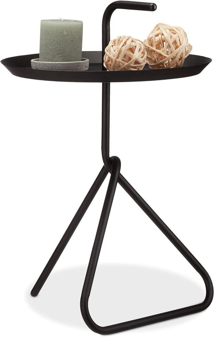 Relaxdays, schwarz Beistelltisch aus Metall, Runder Ablagetisch mit Tragegriff, Moderner Couchtisch,
