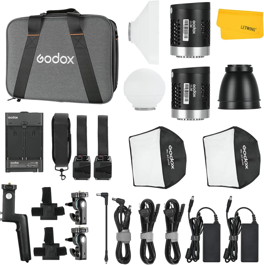 Godox 2*ML30 Kit Tragbare LED Videoleuchte, CRI 96+ TLCI 97+, 45700LUX@0,5m mit Reflektor, 12 Lichte