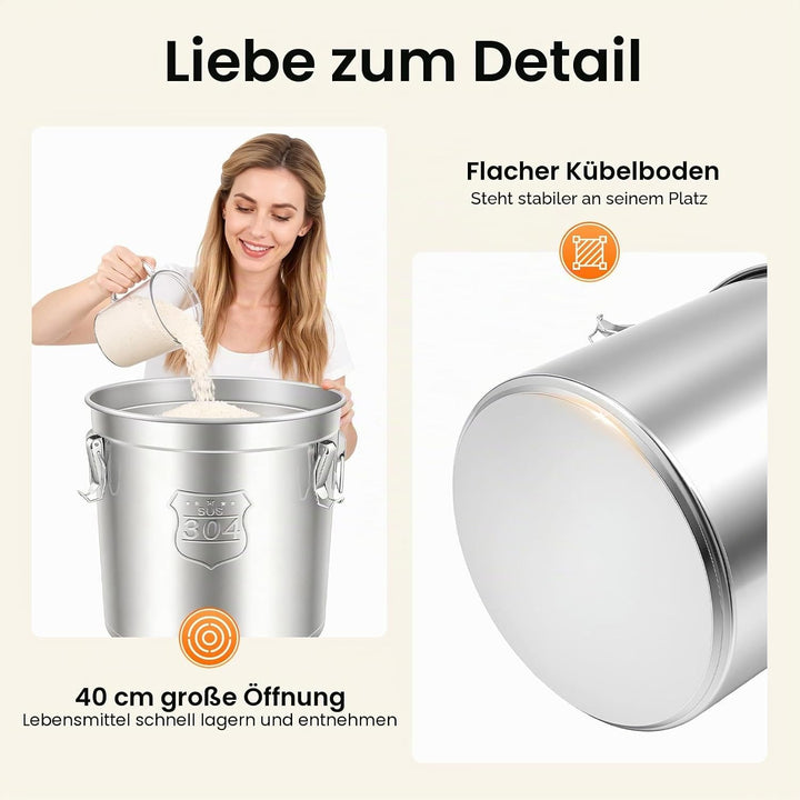 Edelstahl Getreidebehälter, 48L Luftdichter Kanister Lebensmitteln mit Deckel, Küche Edelstahl Eimer