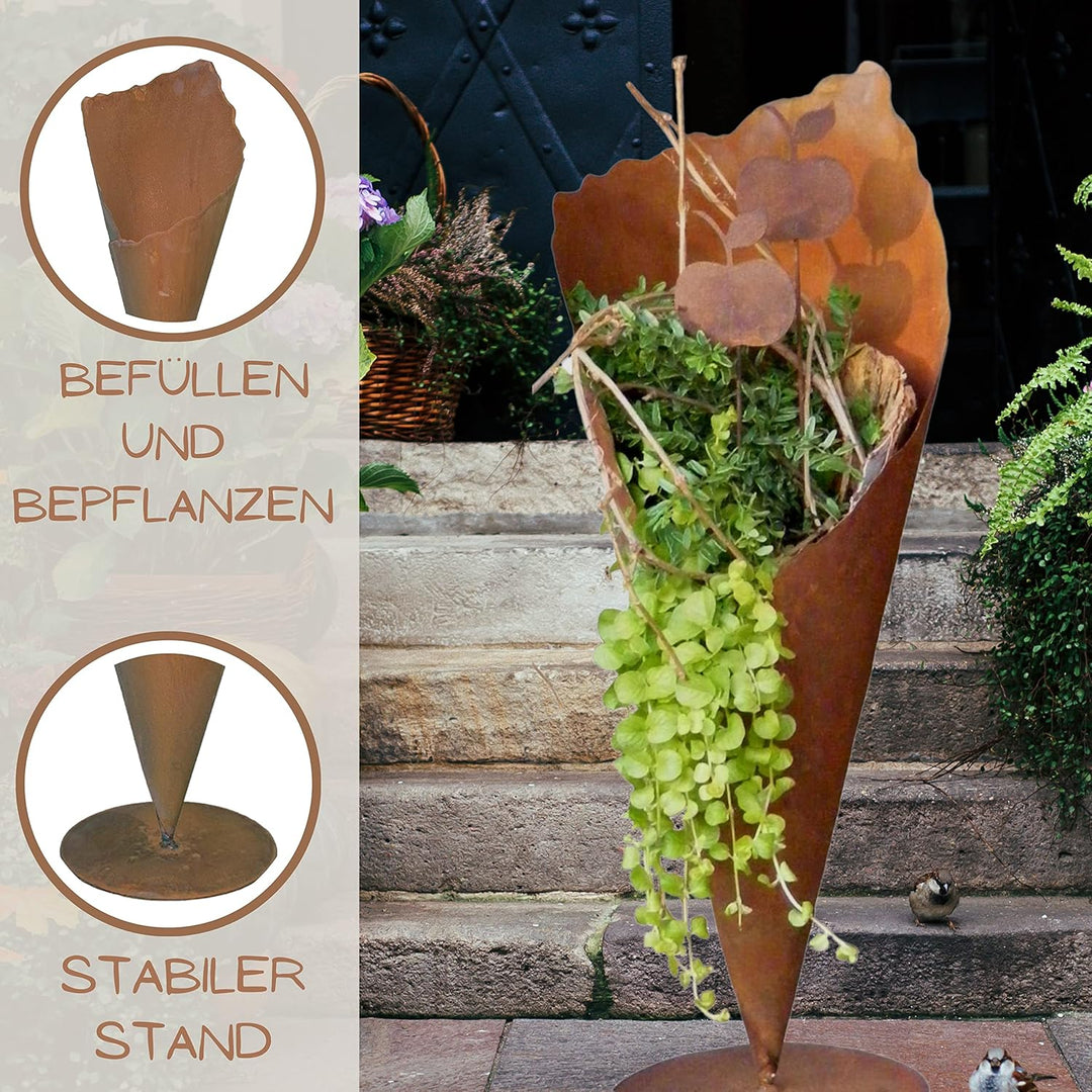 Rostikal Gartendeko Rost Pflanztüte 60 cm Metall Deko Garten Bodenvase Terrasse 60 cm auf Bodenplatt