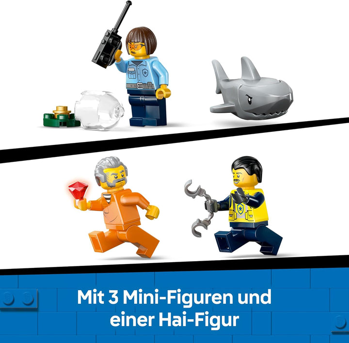 LEGO City Verfolgungsjagd im Polizeiboot – Spielset mit schwimmfähigem Schnellboot, Schlauchboot des