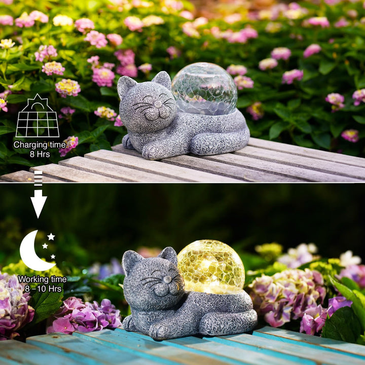 Yeomoo Solar Katzen Deko mit Solarlampen Gartendeko - Lustige Liegende Katzenfigur Wetterfeste Garte