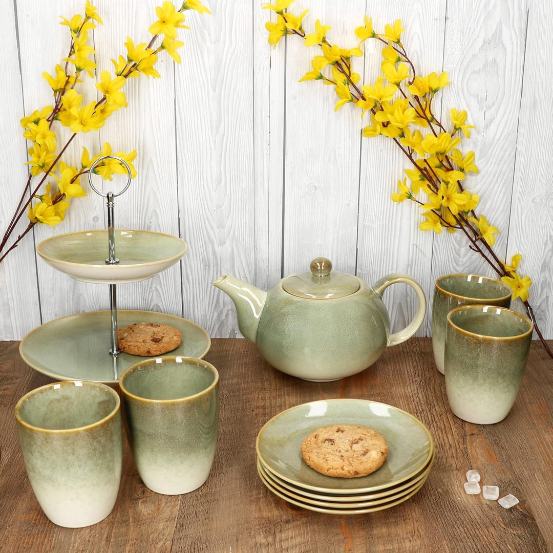 MamboCat 10tlg Teeset Scones Grün I 1x Etagere 2-stöckig, 1x Teekanne, 4X Becher & 4X Teller aus Ste