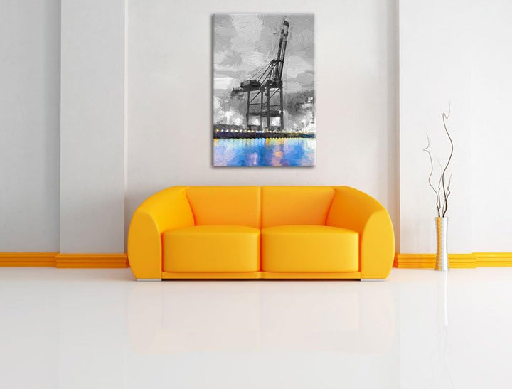 Riesger Hafen mit Kran Format: 100x70 auf Leinwand, XXL riesige Bilder fertig gerahmt mit Keilrahmen