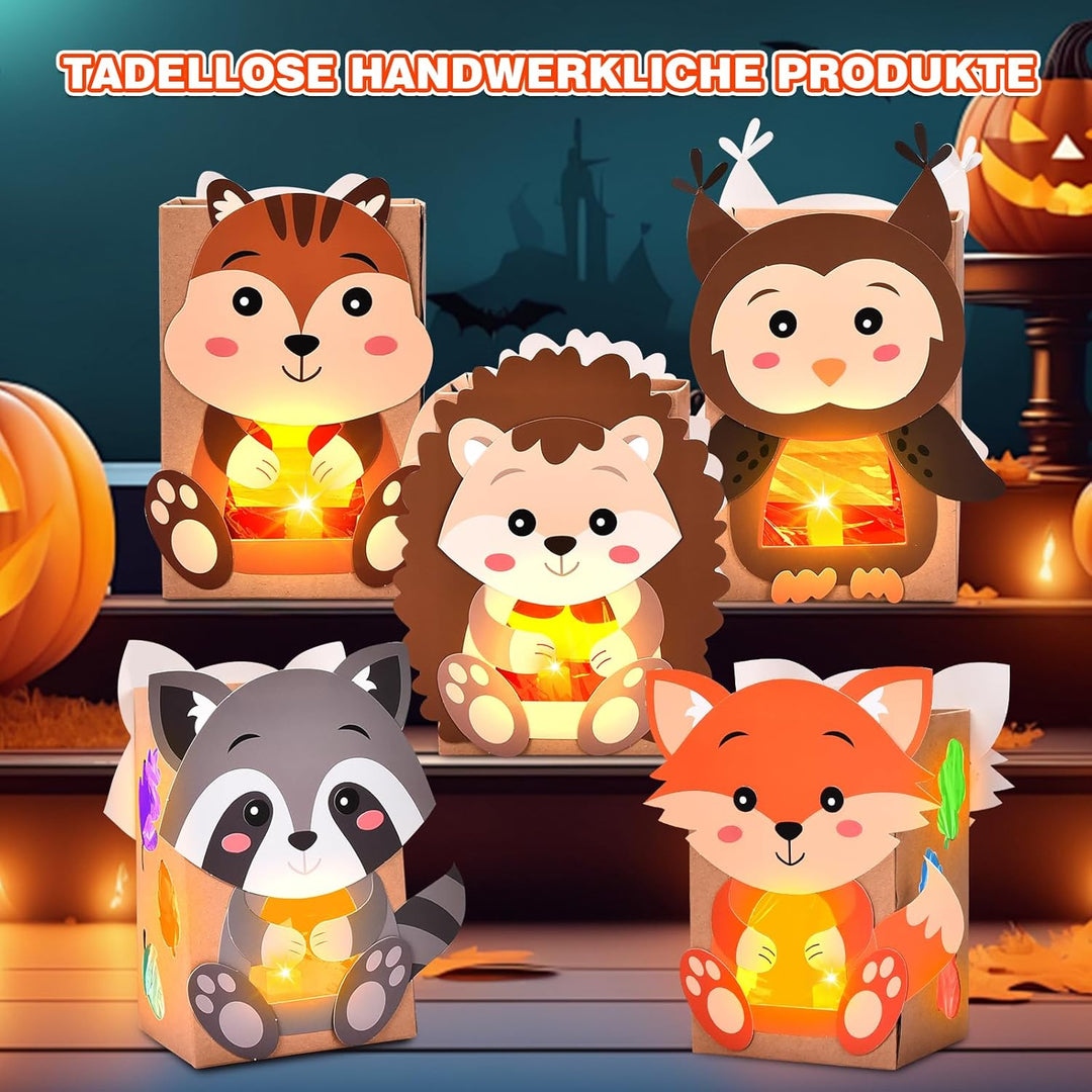 Herefun 5 Herbst Windlichter zum Basteln für Kinder, Herbst Tier Bastelsets mit Fuchs Eule Waschbär