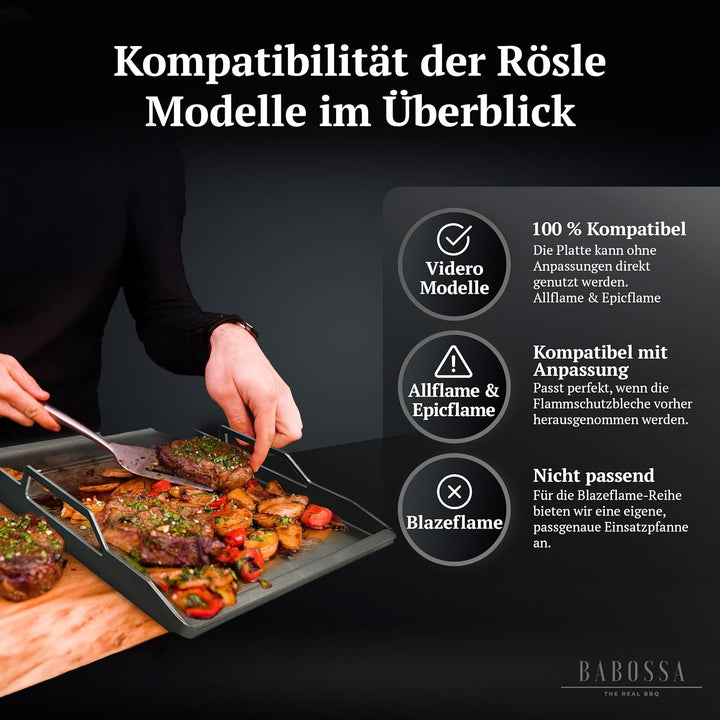 BABOSSA Premium Einsatzpfanne/Plancha kompatibel mit allen Rösle Modellen | 45x23.5cm | Massiv, verz