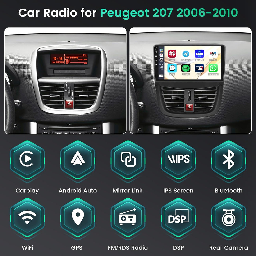 Hikity 8 Core/4G+64G/DSP 9" Android 15 Autoradio für Peugeot 207 2006-2010 Radio 2 DIN mit Wireless