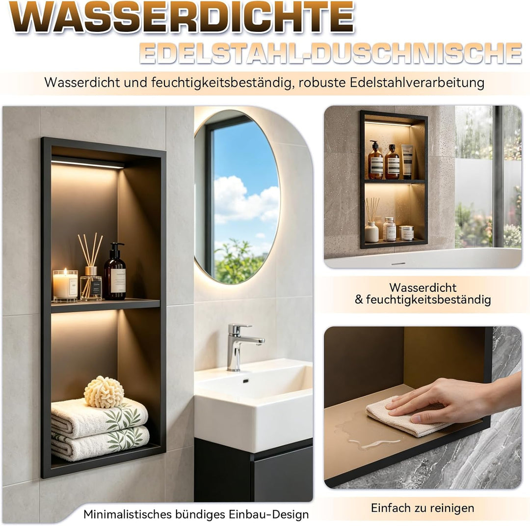 60 x 30 cm Wandnische Dusche, 304 Edelstahl Eingebettete Duschnische mit LED-Beleuchtung &amp; Transform