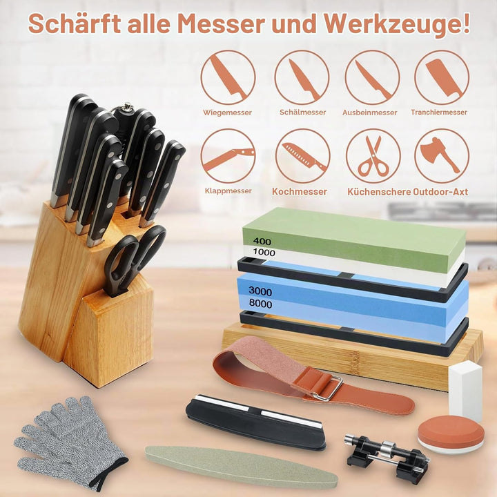 YUTUY Schleifstein Abziehstein Schleifstein Set,14-in-1 Doppelseitig 400/1000 und 3000/8000 Grit Mes